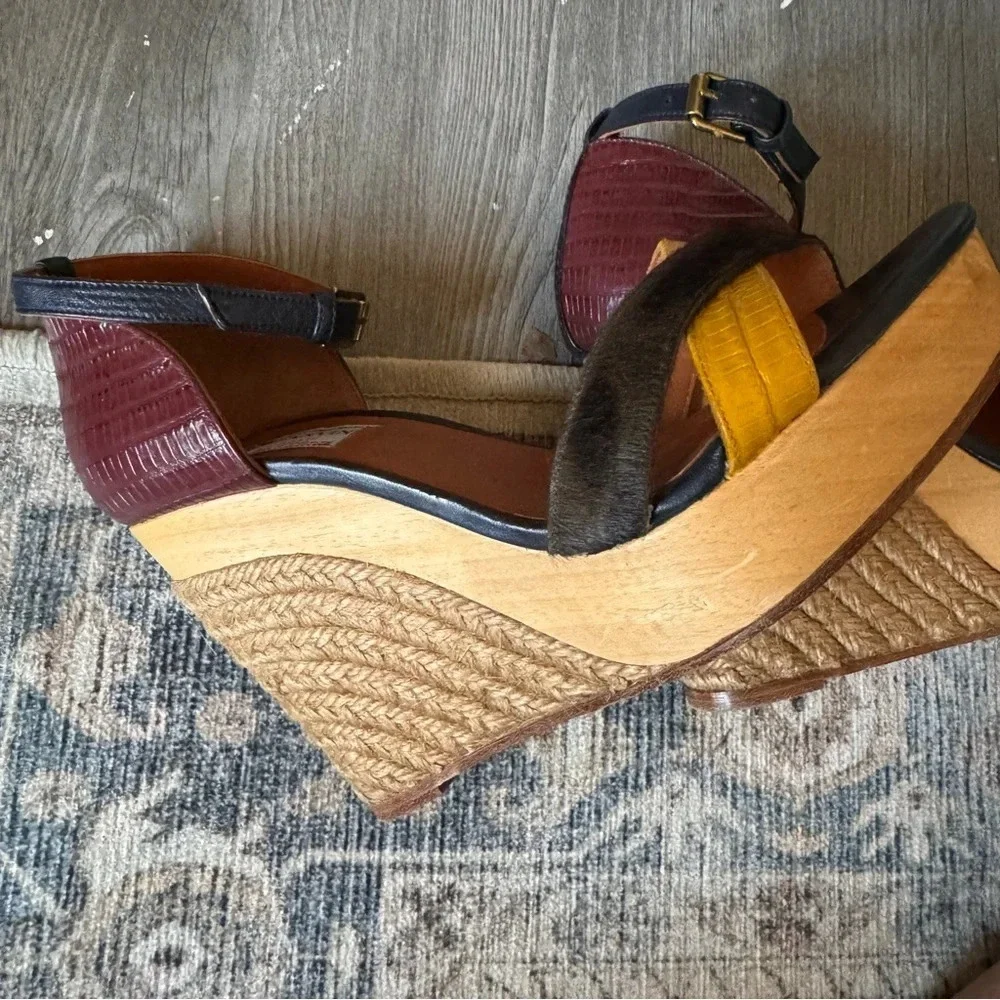 Lanvin Espadrille Leather Wedge Sandal Ankle Strap Paris 37 Multicolor Emboss - Picture 4 of 9